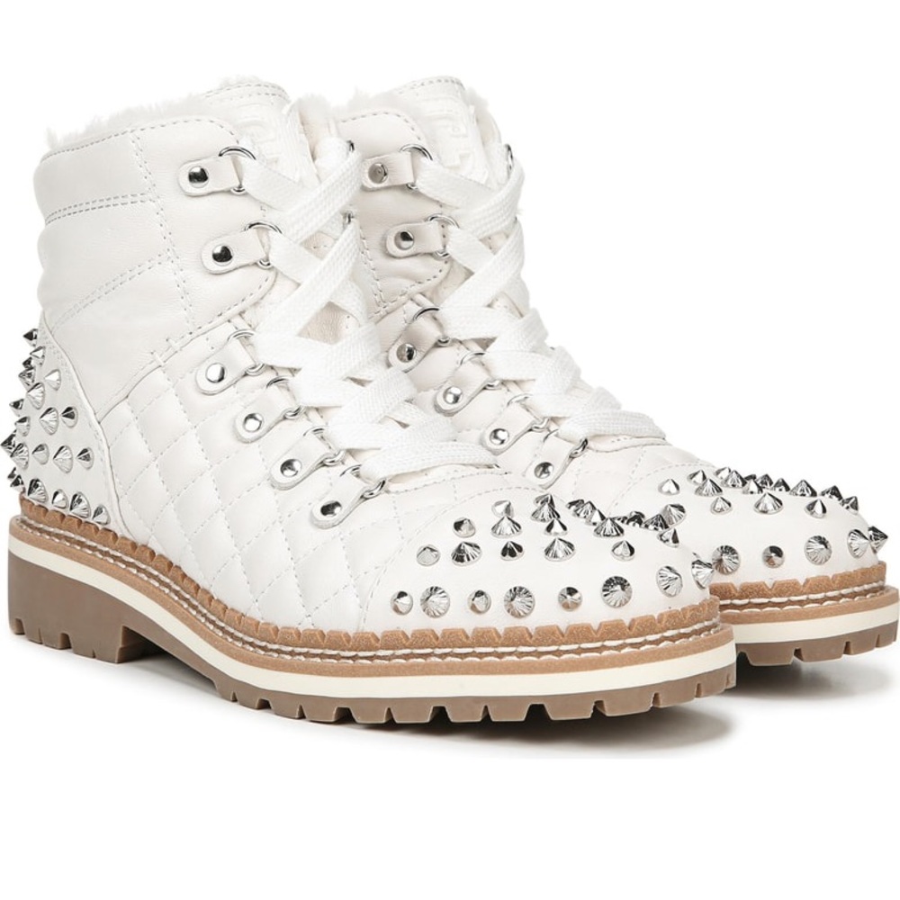 Sam Edelman White Quilted Studded Lace-Up Boots